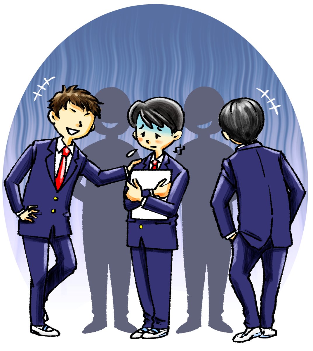 肩を組まれておびえる子（いじめ場面）（イラスト）