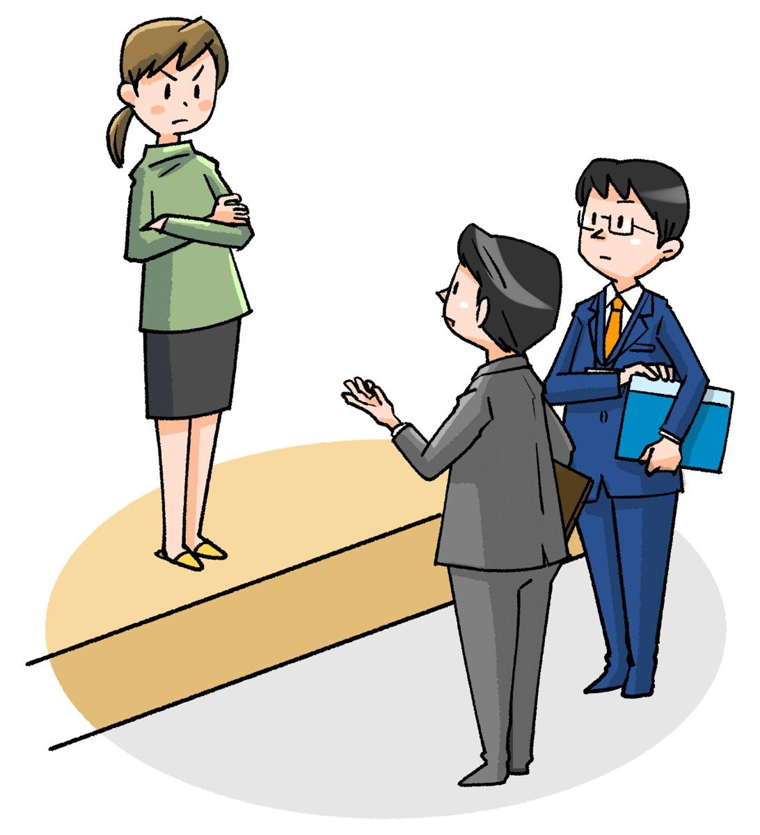 母親が先生2人と向き合う（イラスト）