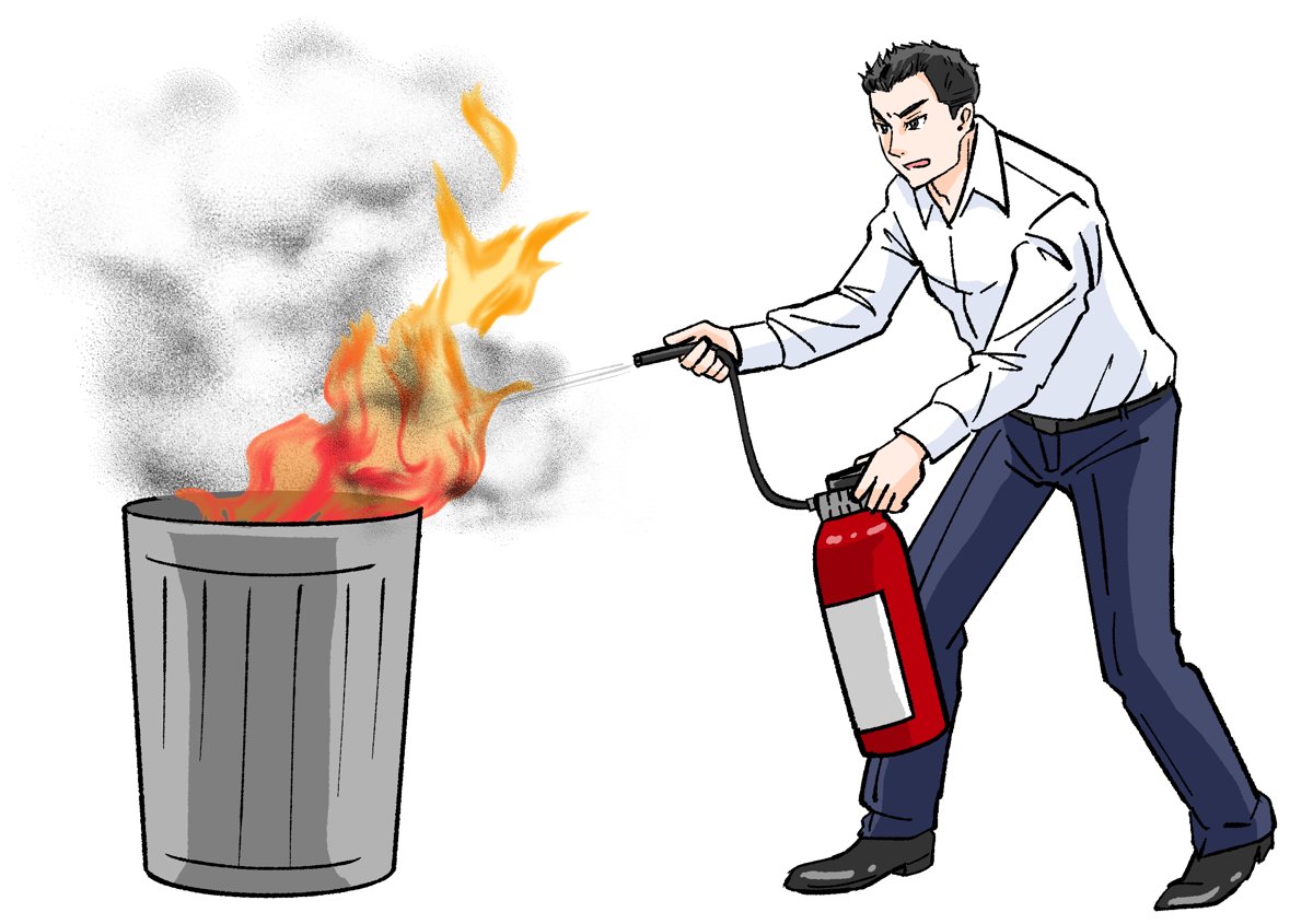 小さな火を消火器で消す（イラスト）