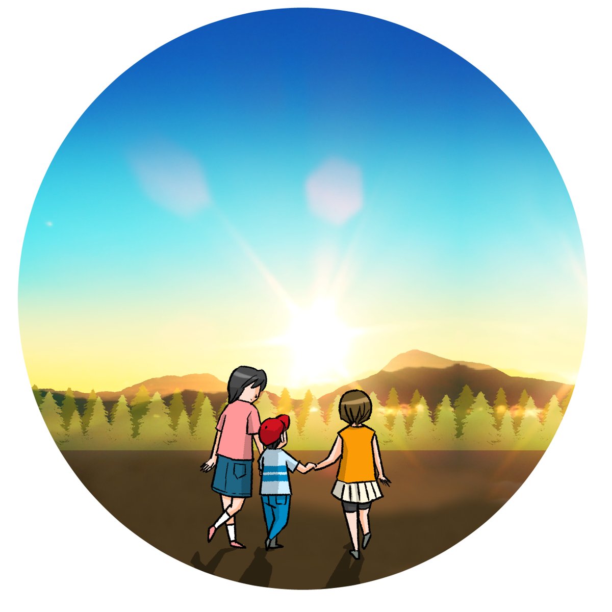 夕日の中、手をつないで歩く子どもたち（イラスト）