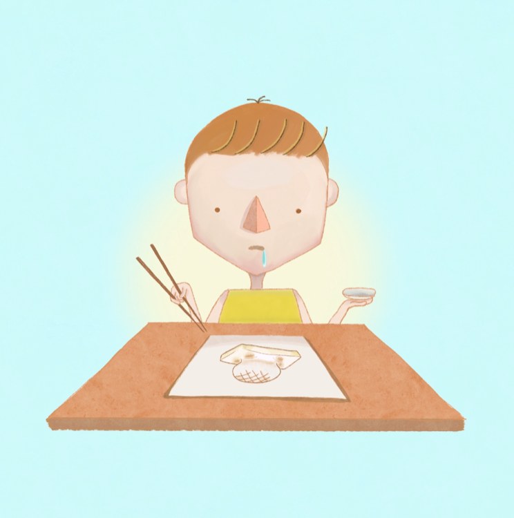 An illustration of the skit for E ni Kaita Mochi