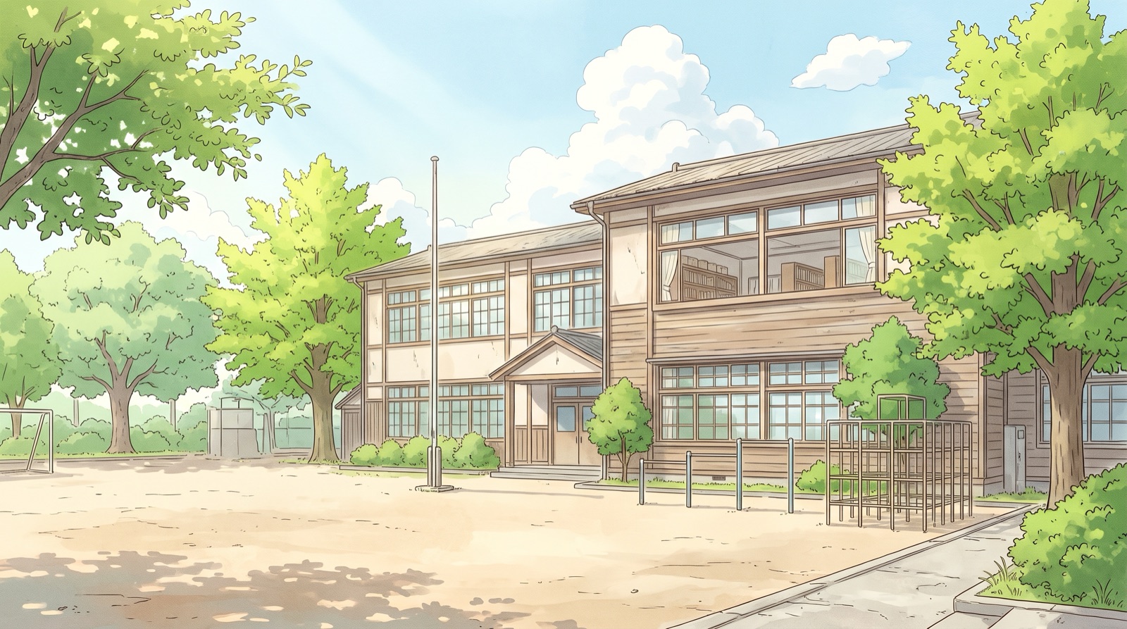 夏の昼の学校の外観