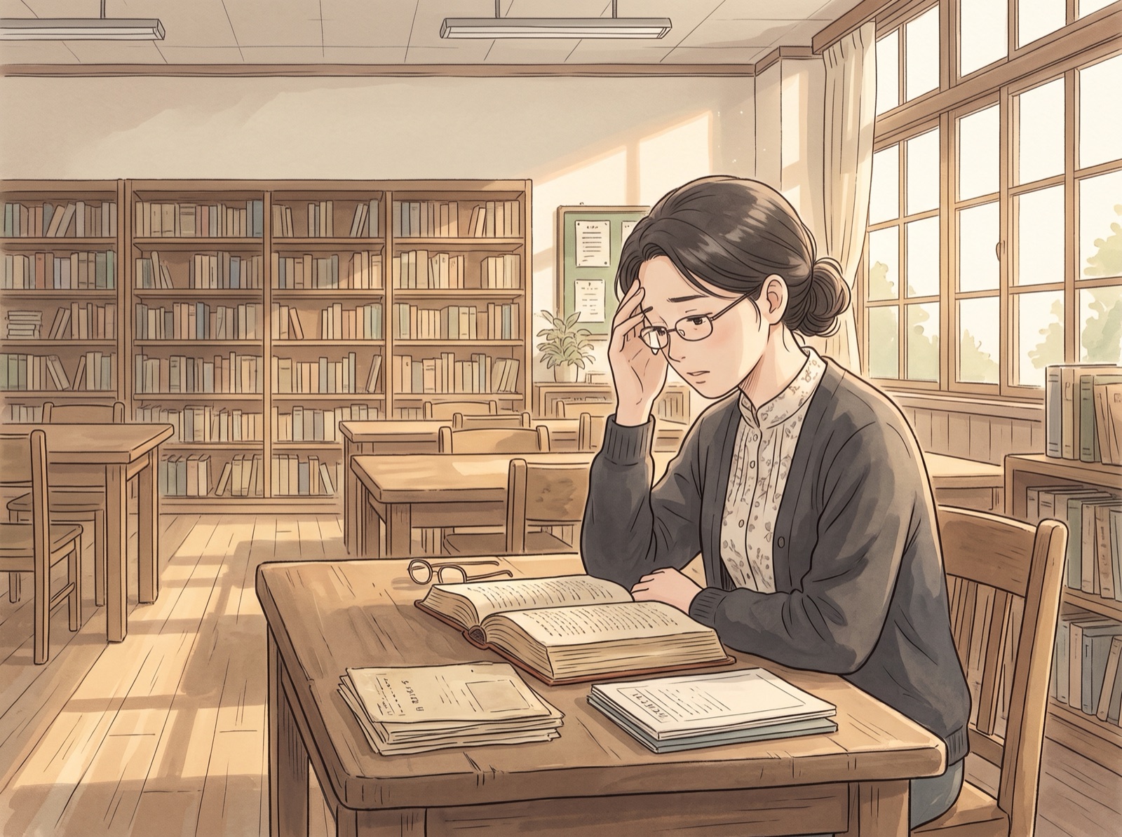 図書室で本を読みながら疲れている和花