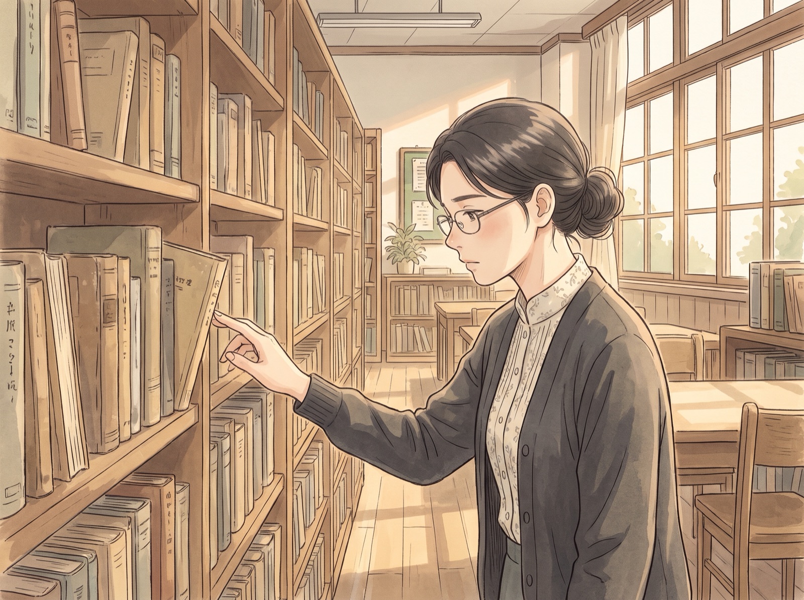 本棚を見ている和花