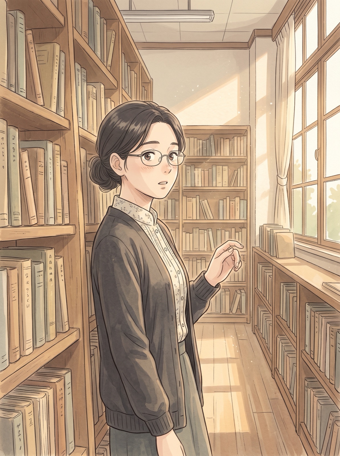 古い本棚にもたれる和花