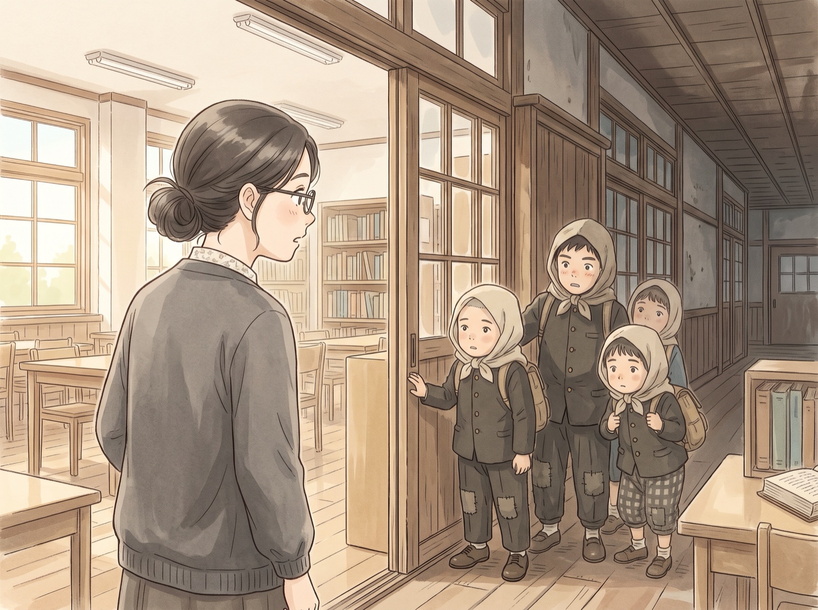 廊下からのぞく1945年の子どもたち