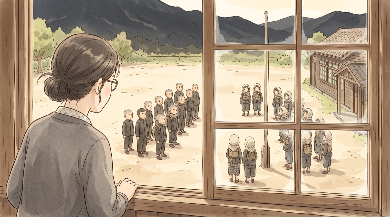 窓から1945年の校庭を見る和花