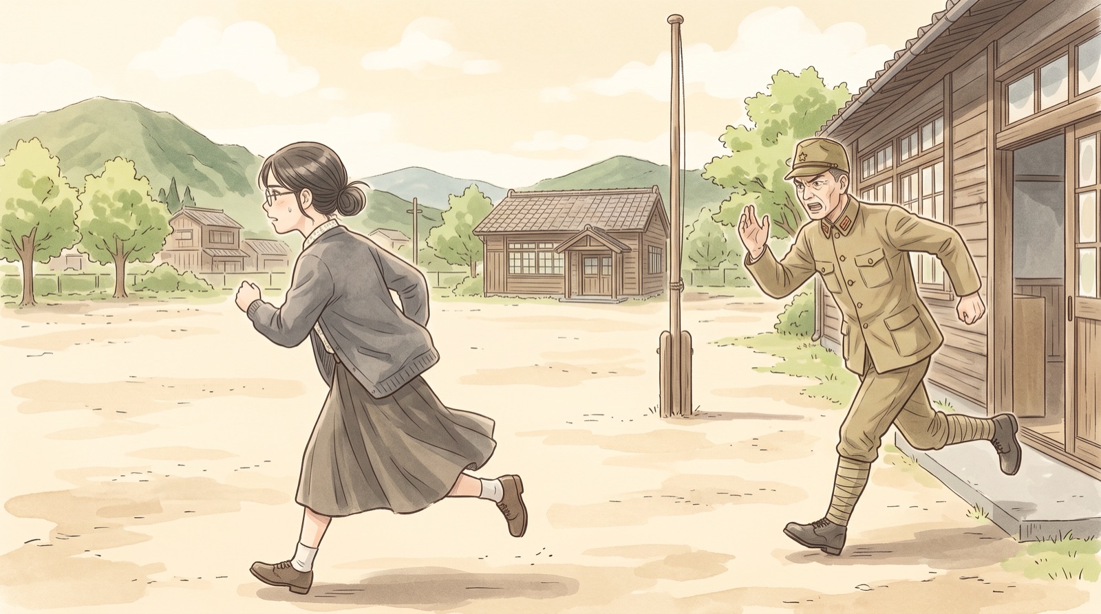 校庭をかけていく和花と、あとを追う先生