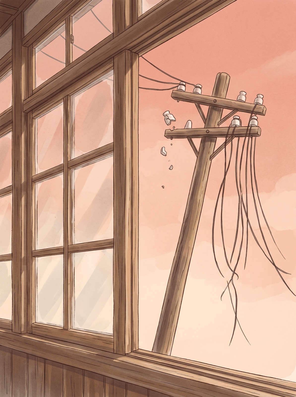 碍子が割れて垂れ下がる電線