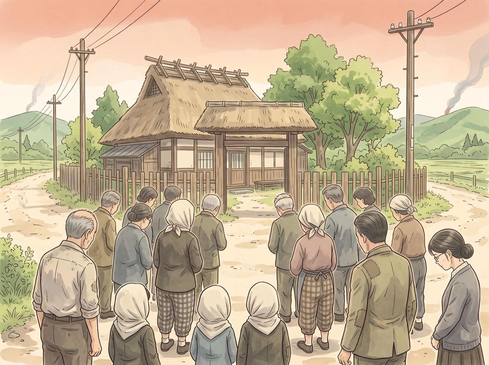 農家の門の前に集まる人たち