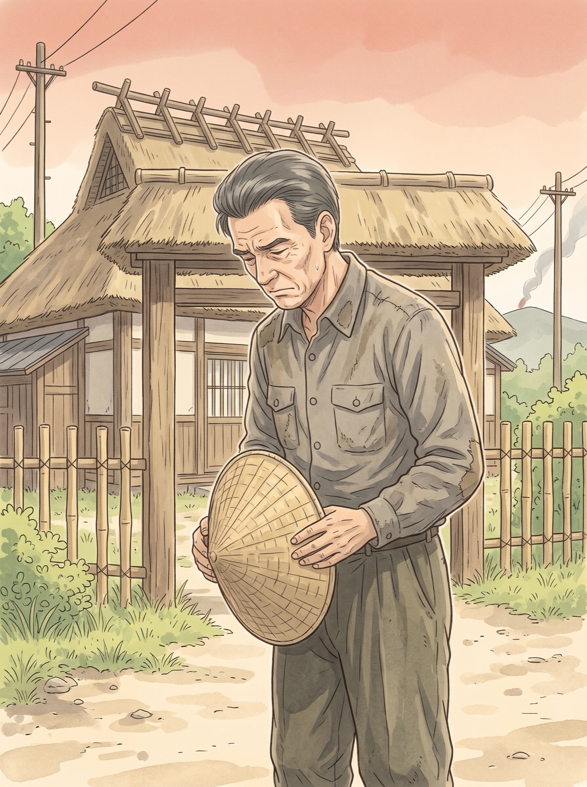 編み笠を抱えて頭を下げる男の人