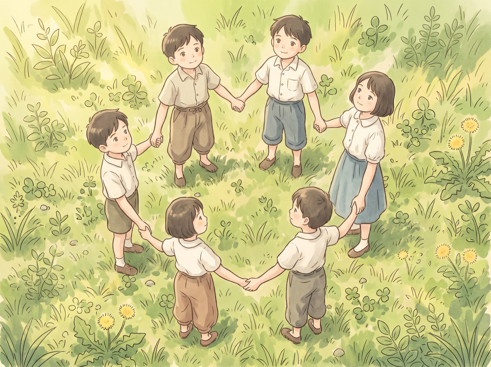 草原で輪になって手をつなぐ子どもたち