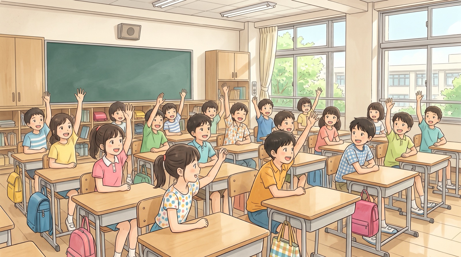現在の教室で手をあげる子どもたち