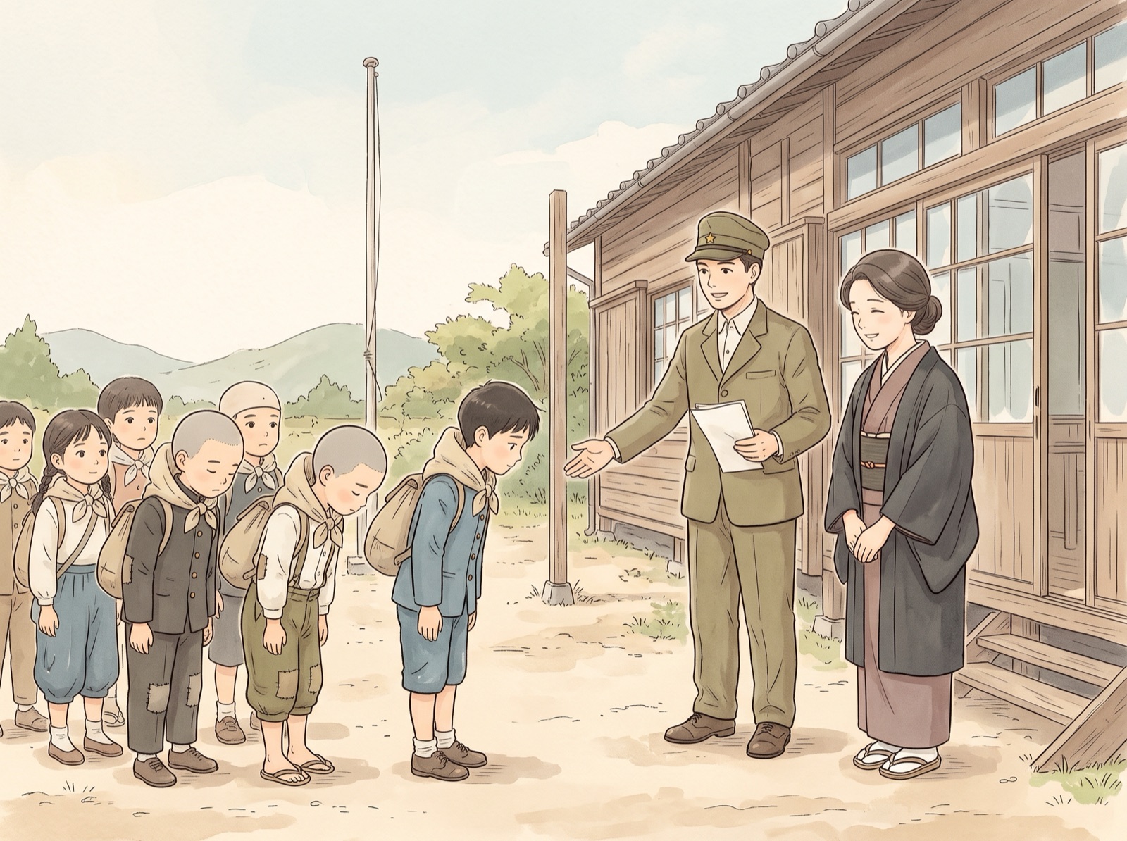 1945年の学校。先生と子どもたち