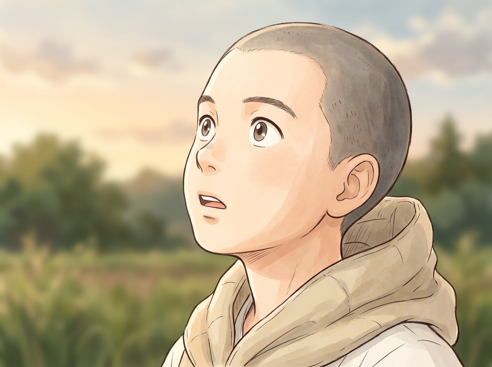 空を見上げてはっとする男の子