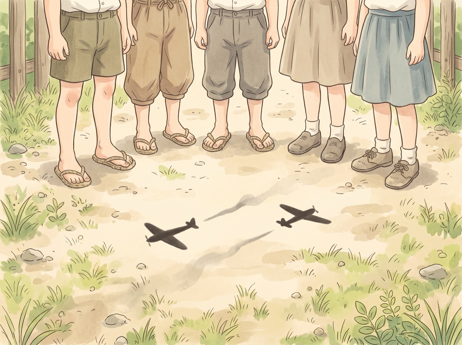 子どもたちの足元を横切る飛行機の影
