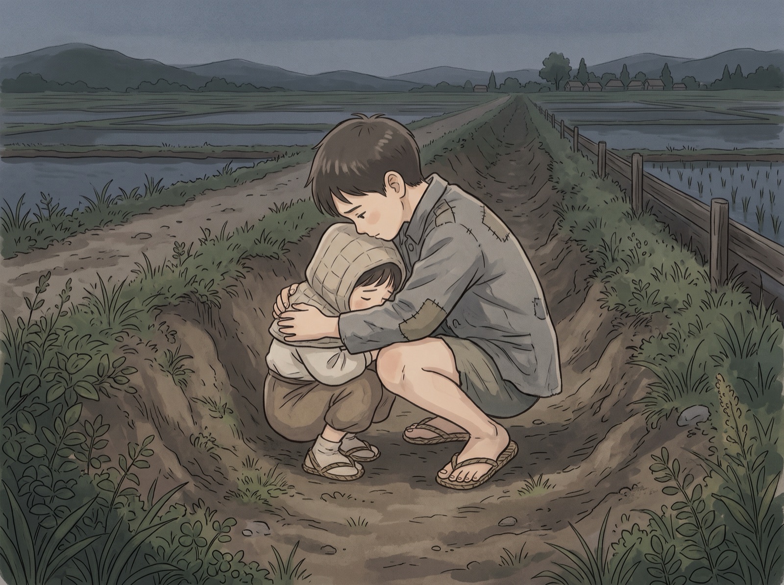高学年の男の子が小さな子をかばう場面